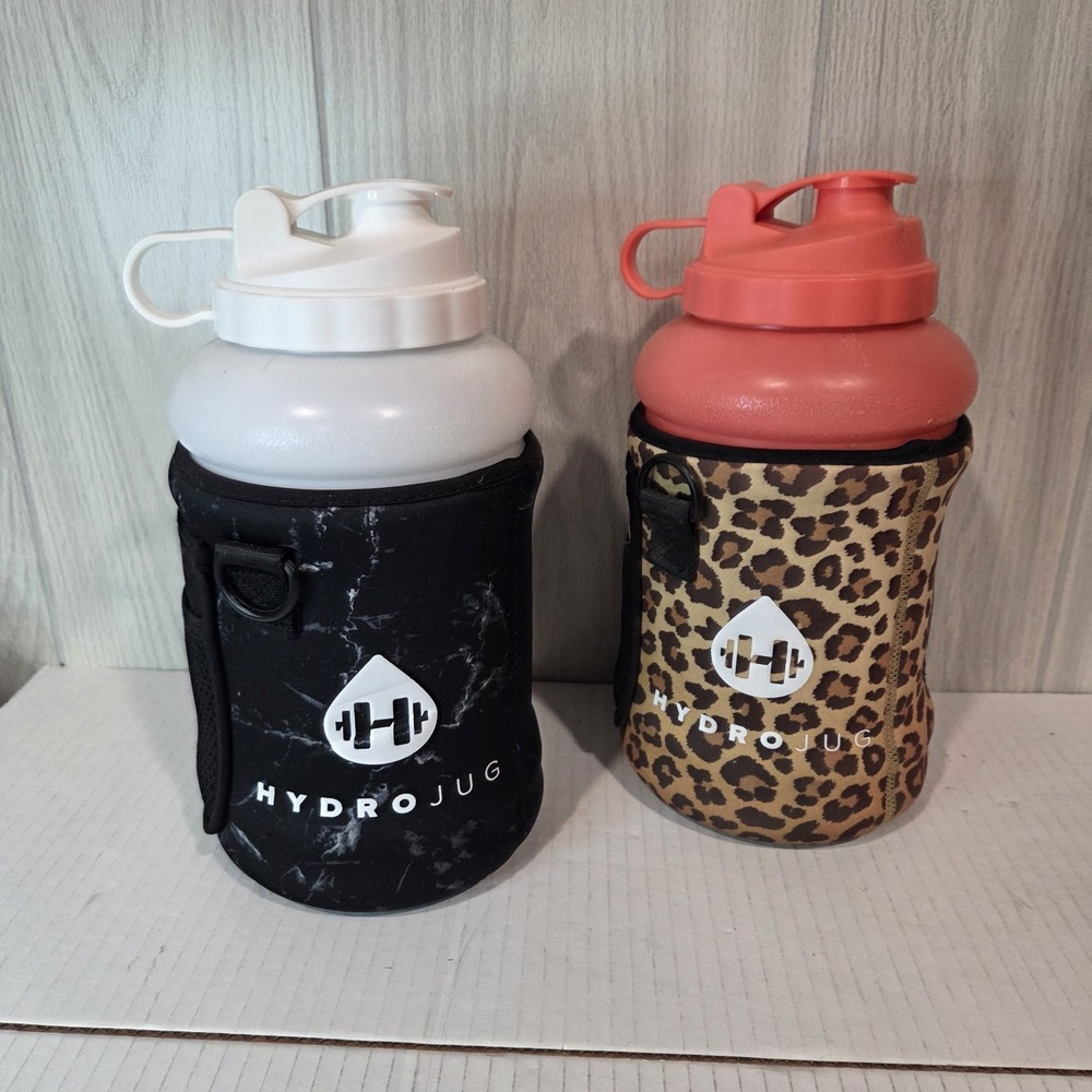 (2) HYDROJUG 73 Oz Ounce White Pink Leopard Jug Bottle Sleeve Cover